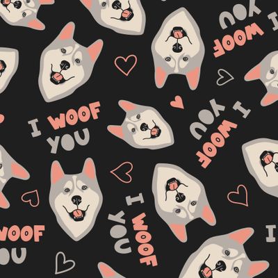 Собаки. Хаски с сердцами на чёрном фоне