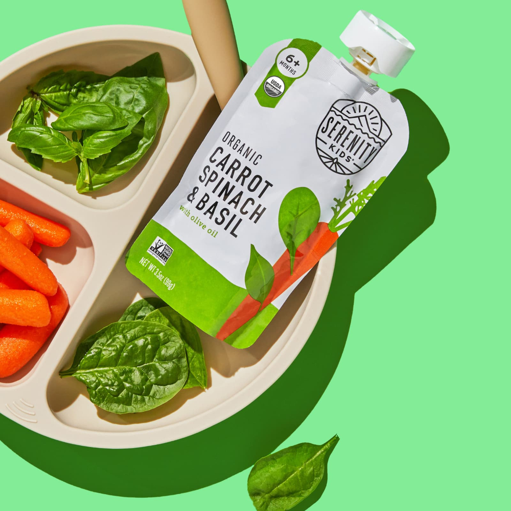 Serenity Kids, органическая морковь, шпинат и базилик с оливковым маслом, для детей от 6 месяцев, 99 г (3,5 унции)