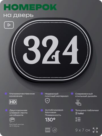 Номерок на дверь квартиры 324, для кабинета, офиса, шильдик 9 х 7 см, черный, Айдентика Технолоджи