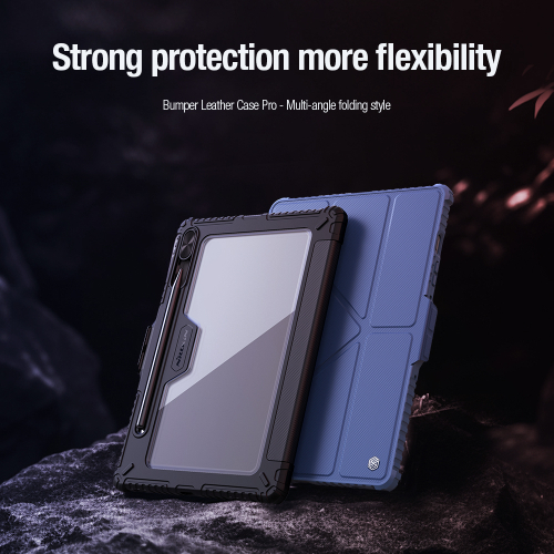 Чехол книжка синего цвета от Nillkin для планшета Samsung Galaxy Tab S9, серия Bumper Pro Case-Multi Angle Folding Style, с защитной шторкой для камеры
