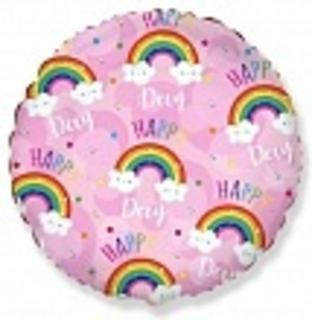 Шар (18""/46 см) Круг, Happy Day (радуга в облаках), Розовый, 1 шт. В41