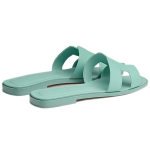 Hermes Oran leather one-line flat heel round head fashion sandals women's sea foam green, H202272Z 08