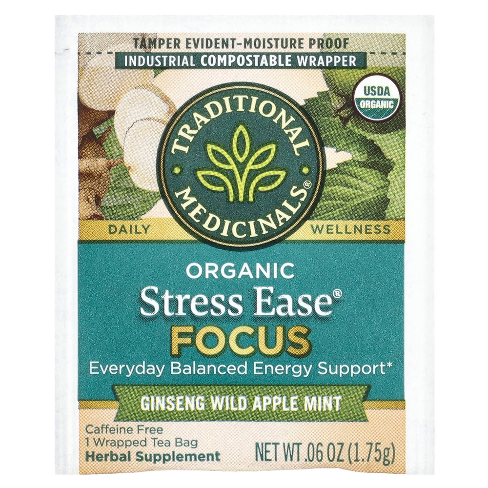 Traditional Medicinals, Organic Stress Ease® Focus, женьшень, дикое яблоко и мята, без кофеина, 16 чайных пакетиков в упаковке, 28 г (0,99 унции)