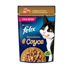 Felix sensations влажный корм в удивительном соусе для кошек, индейка с беконом пауч 75 г