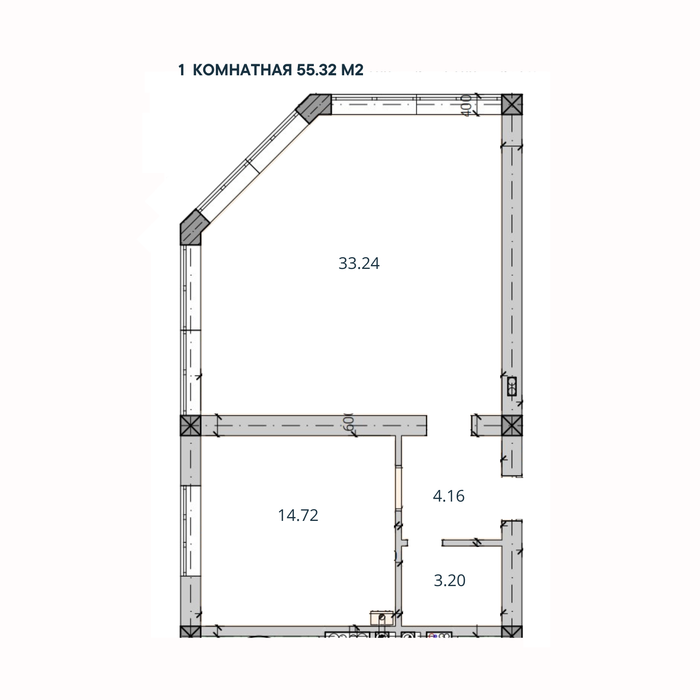 1-комн. квартира, 55,32 м²; 2,3 этажи