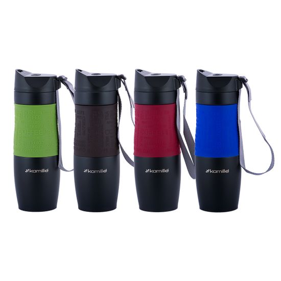 Термокружка 480 мл. из нержавеющей стали Kamille KM-2067 с TPR-вставкой и ремешком