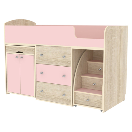 Кровать-чердак КарИВи Малыш Дуб Сонома Розовый