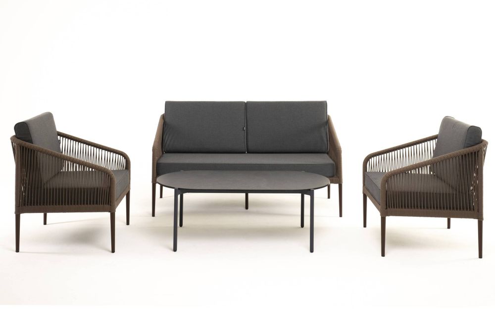 "Канны" лаунж-зона 4-местная из роупа со столом "Верона" (серый гранит), каркас алюминиевый коричневый, роуп коричневый