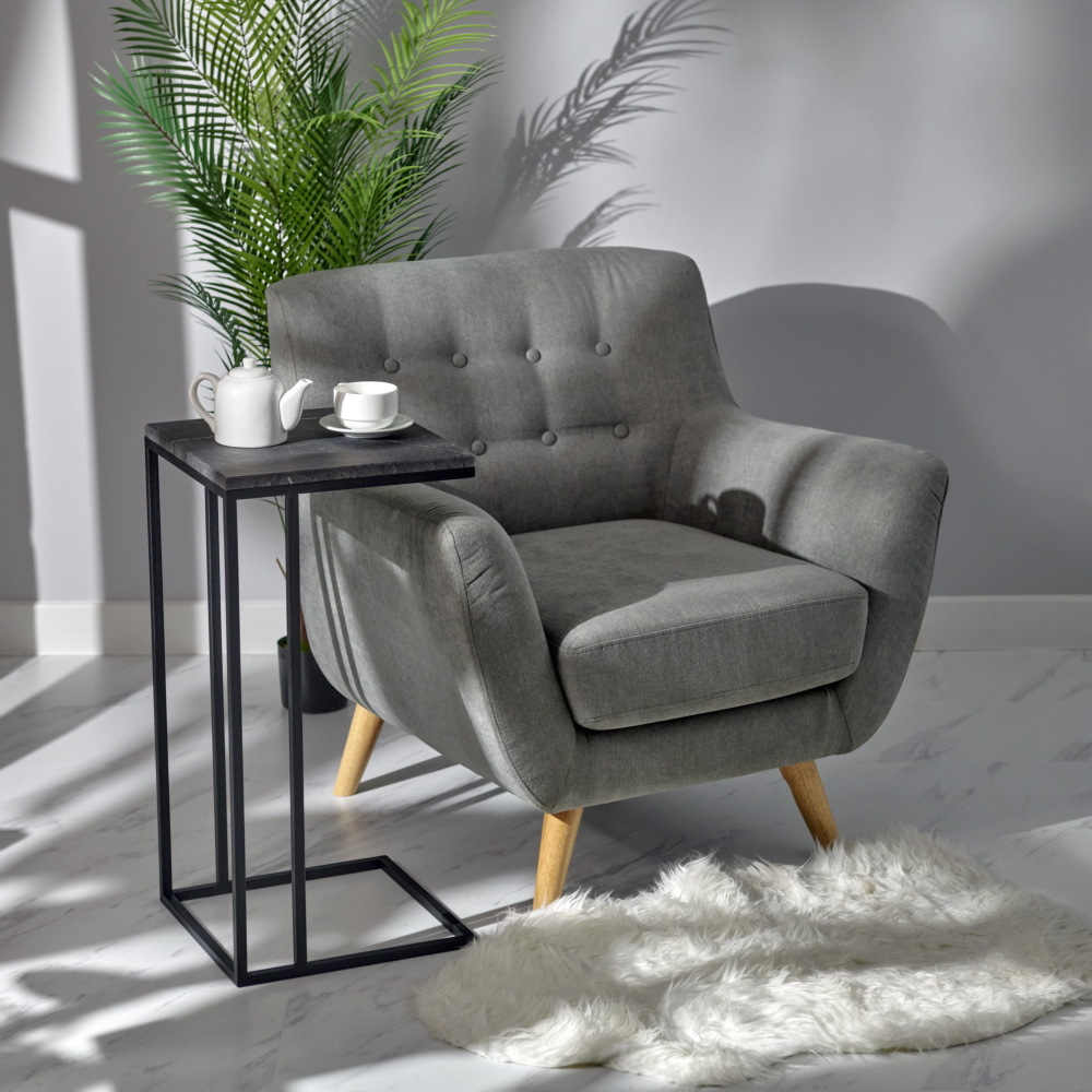 Придиванный столик Loft 35x35см, серый мрамор, чёрные ножки