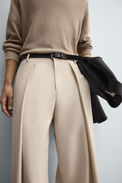 ZARA БРЮКИ WIDE FIT СО СКЛАДКАМИ, БЕЖЕВЫЙ