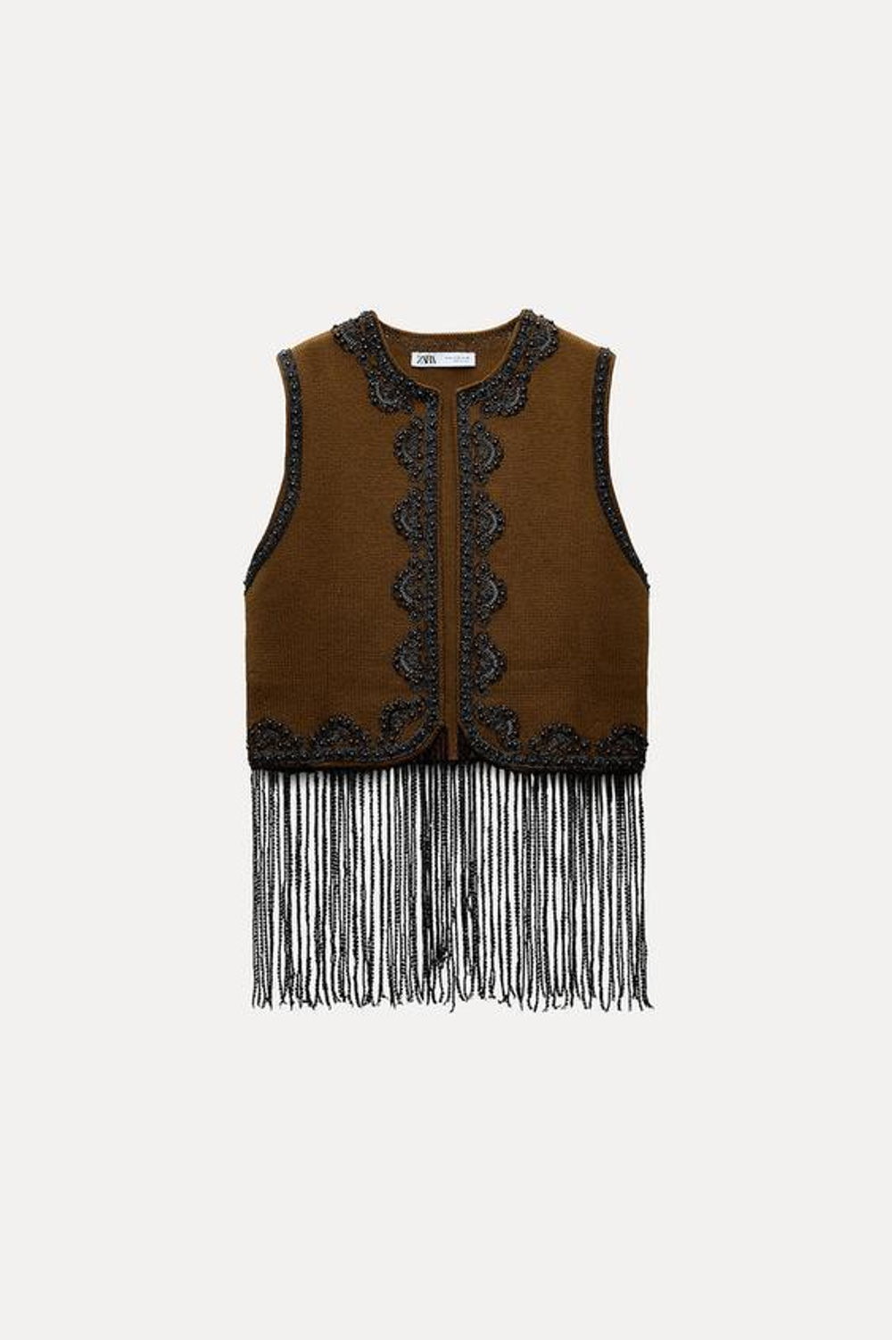 ZARA ТРИКОТАЖНЫЙ ЖИЛЕТ С БИСЕРОМ, КОРИЧНЕВЫЙ