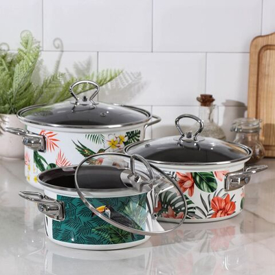 Набор кастрюль Доляна «Тропики», 3 предмета: 1,9 л, 2,5 л, 3,7 л, стеклянные крышки, индукция (Цвет: не задано)