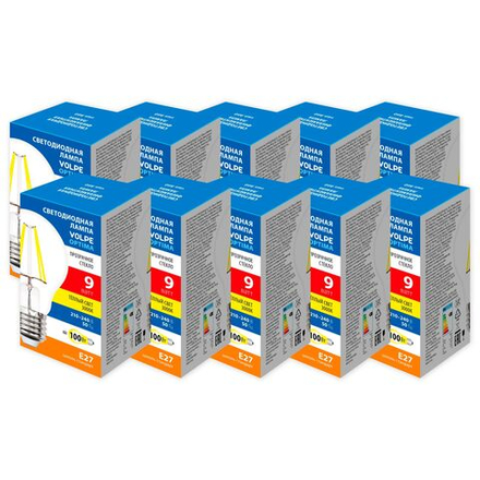 LED-A60-9W-3000K-E27-CL-SLF Набор из 10штук Лампа светодиодная. Форма А. прозрачная. Серия Optima Филамент. Теплый белый свет 3000K. ТМ Volpe