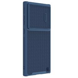 Чехол синего цвета от Nillkin для Samsung Galaxy S23 Ultra, серия Textured Case S (покрытие нейлонового волокна), полуавтоматическая механизм сдвижной шторки