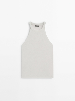 Massimo Dutti Трикотажный топ с горловиной халтер и деталями в рубчик, натуральный, кремовый