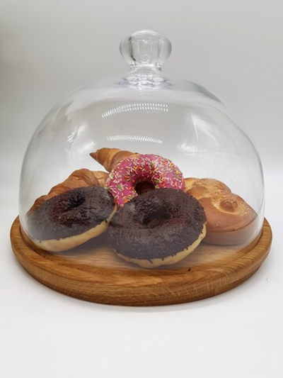 Набор крышка для тортовницы; стекло; D=27,5см., H=20,5см; на подставке из дерева; дуб; D=30, H=2,5см.
