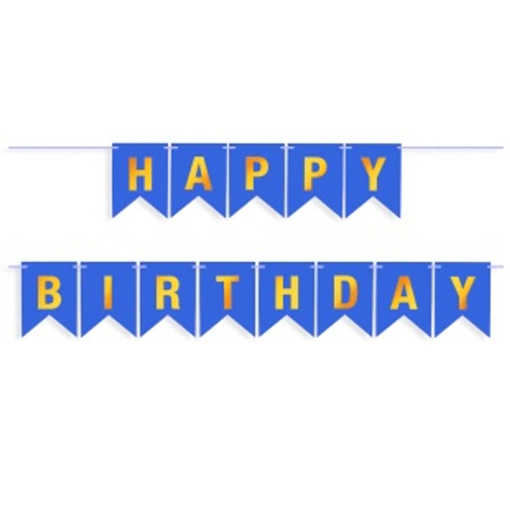 Гирлянда Флажки, Happy Birthday, Синий/Золото, Металлик, 500 см, 16*12 см, 1 упак.