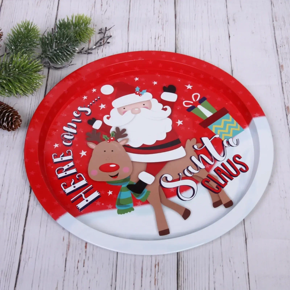 Поднос жестяной 32см «Санта на олене»
