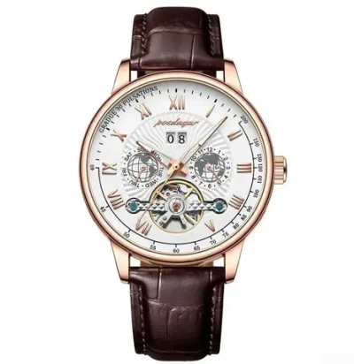 Часы наручные механические с автоподзаводом POEDAGAR на кожаном ремешке, черный/коричневый W10310-01