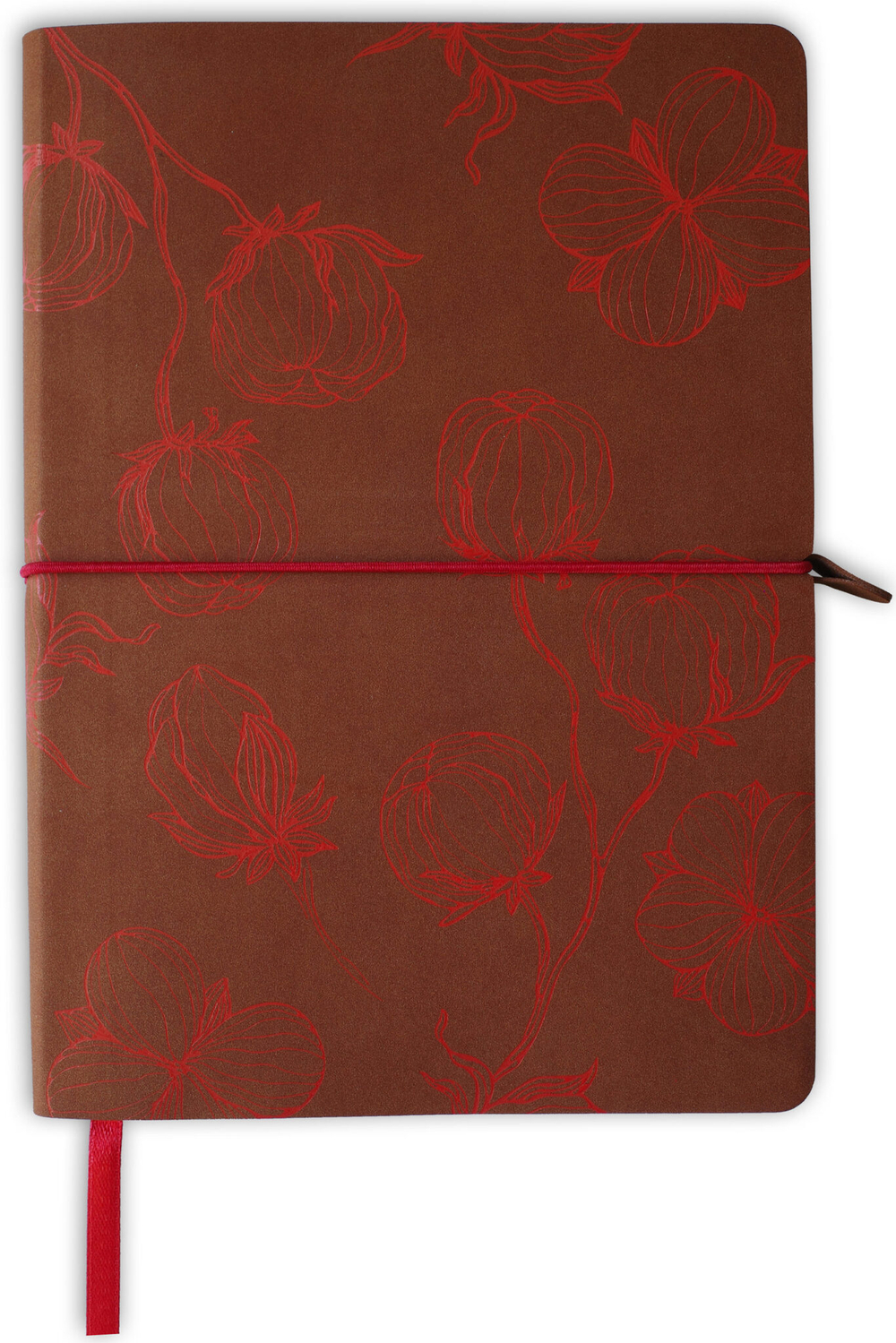 НОВИНКА! Блокнот "Cotton" в клетку А5 128 листов, гибкая обложка из бархатистой экокожи нубук  (цвет коричневый) с тиснением рисунка красной матовой фольгой