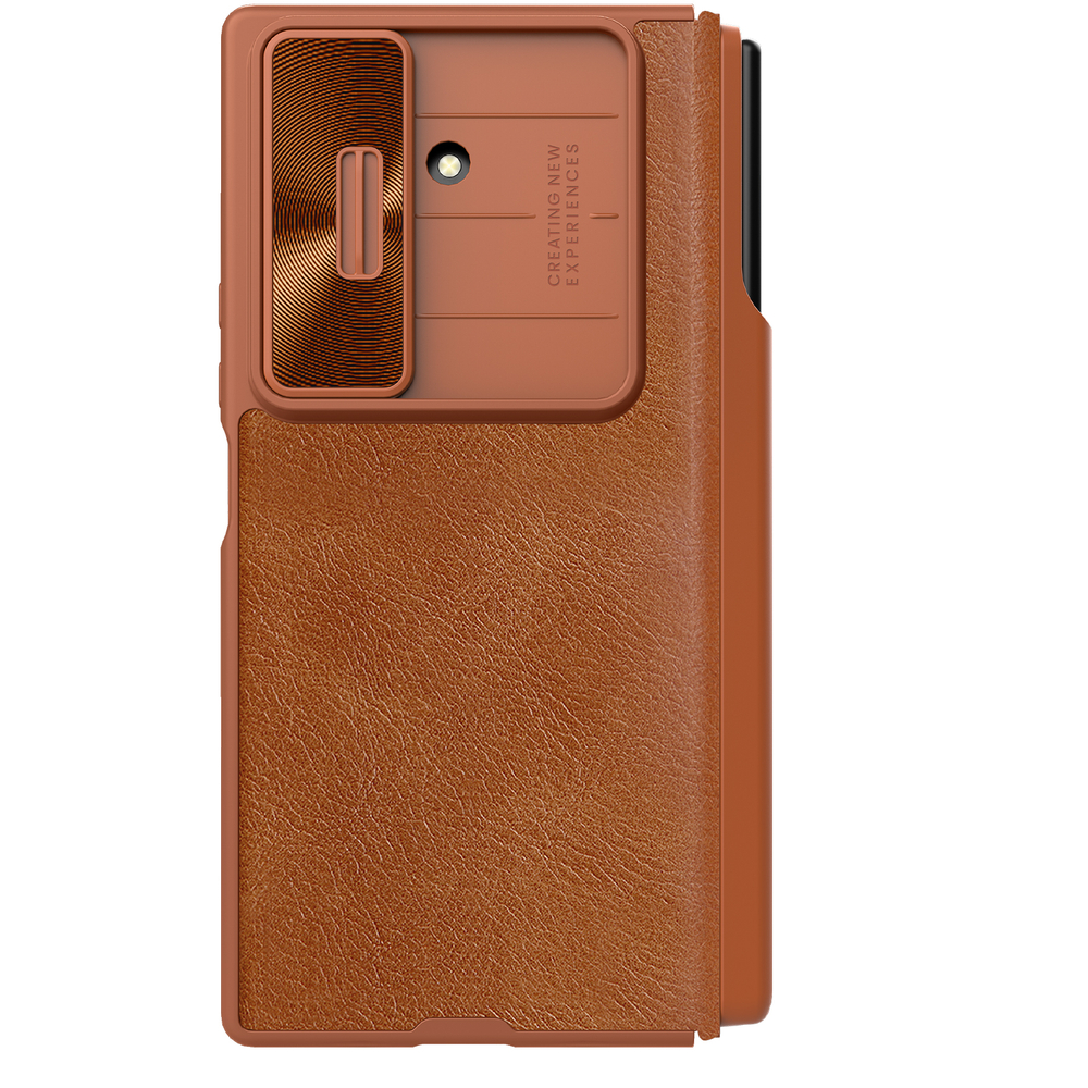 Кожаный чехол книжка коричневого цвета от Nillkin для Samsung Galaxy Z Fold 7, серия Qin Pro Leather Case (с держателем для S Pen)