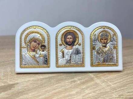 Триптих, Спаситель, Казанская БМ, Николай Чудотворец, икона, белое дерево 75х160