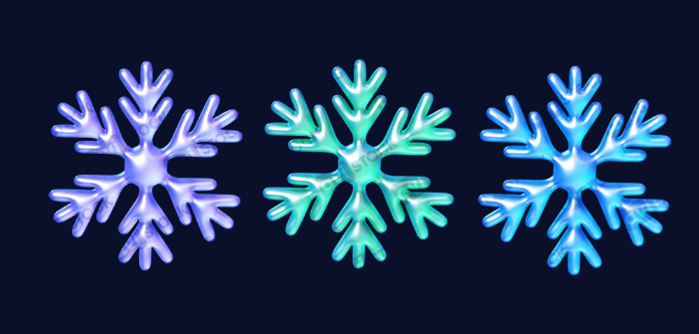Неоновая жидкая снежинка, 3D глянцевый PNG для зимнего оформления и новогоднего украшения