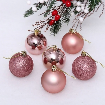 Новогодние шары 6 см (набор 6 шт) "Микс фактур", Розовое золото (Серпантин)