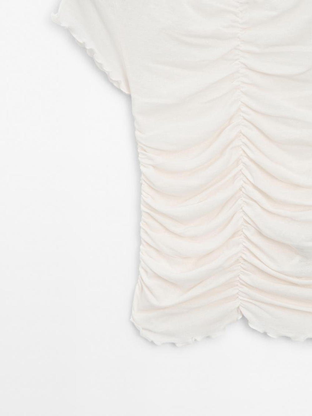 Massimo Dutti Футболка из хлопка со сборкой, натуральный, кремовый