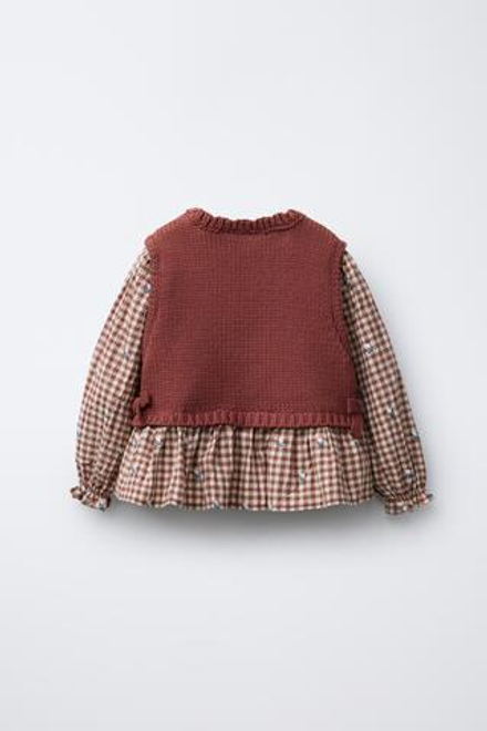ZARA ТРИКОТАЖНЫЙ ЖИЛЕТ С ВЫШИТОЙ РУБАШКОЙ, ТЕРРАКОТОВЫЙ
