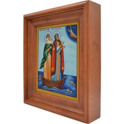 Святые благоверные Петр и Феврония Муромские на лодке. Рукописная икона с живописным фоном в киоте