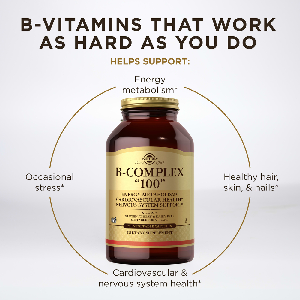 Solgar, B-Complex 100, витамины группы B, 250 растительных капсул