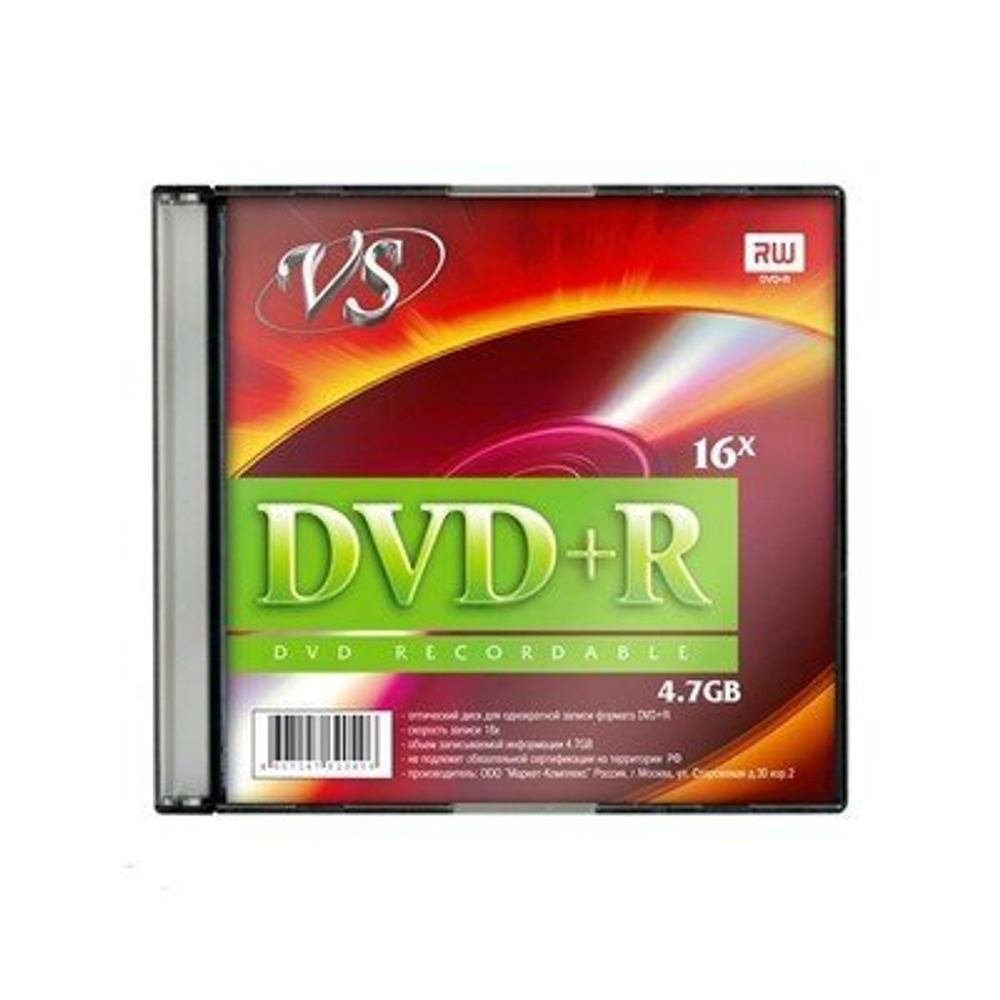 Диски DVD+R (плюс) VS, 4,7 Гб 16x Slim Case, 1 шт, VSDVDPRSL501
