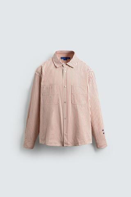 ZARA Х CHAMPION ® РУБАШКА В ПОЛОСКУ С НАШИВКАМИ, БЕЛЫЙ/КРАСНЫЙ