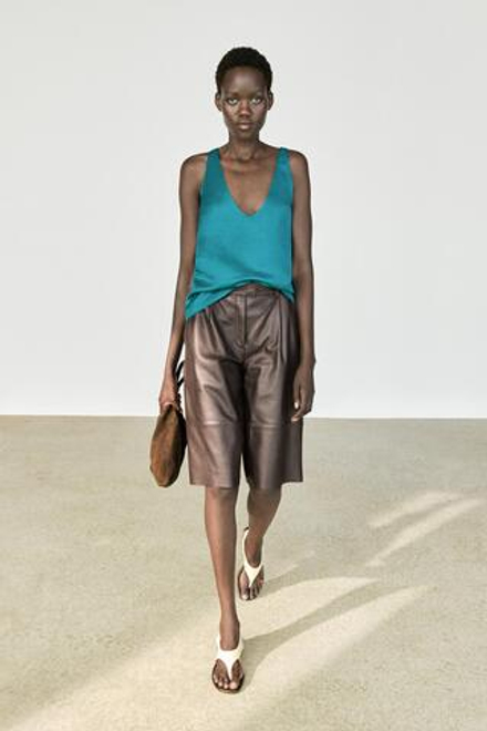 Massimo Dutti Смесовый льняной топ с V-образным вырезом и глянцевым блеском, темно-бирюзовый
