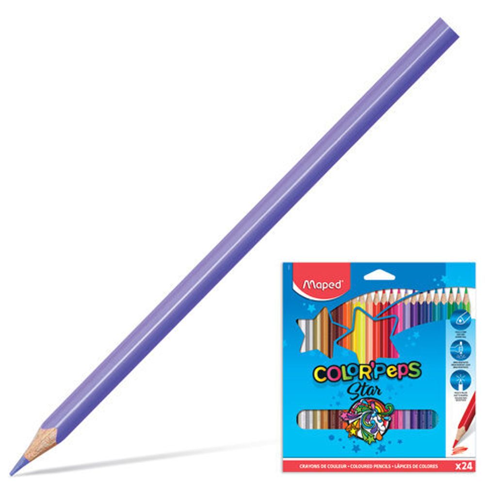 Карандаши цветные MAPED (Франция) "Color'Peps Star", 24 цвета, трехгранные, заточенные, европодвес, 183224