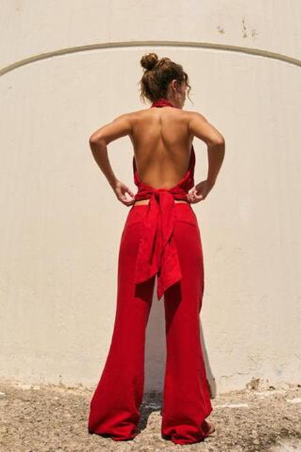 ZARA БРЮКИ ПРЯМОГО КРОЯ ИЗ СМЕСОВОГО ЛЬНА, КРАСНЫЙ