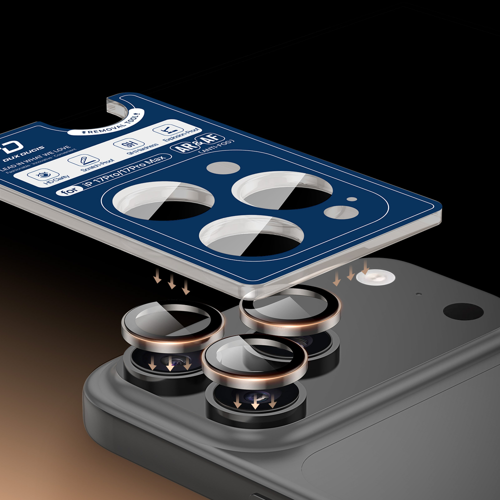 Защитное стекло на объективы камеры для iPhone 17 Pro и 17 Pro Max, серия HAWK Series от Dux Ducis, рамки из алюминия черного цвета