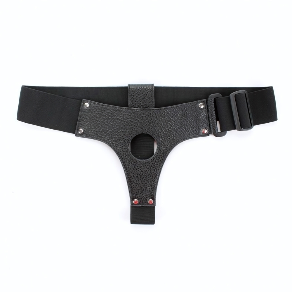 Чёрные трусики для страпона из натуральной кожи (Размер: S-M) (Цвет: черный)