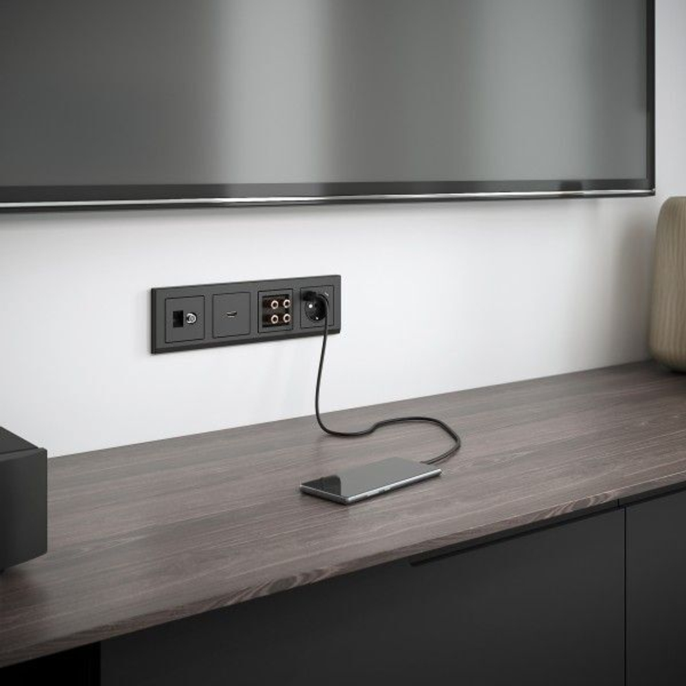 Розетка с заземлением, шторками и USB тип A+C (черный)