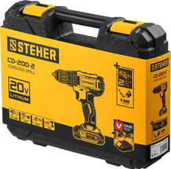 STEHER V1, 20 В, 40 Н·м, 2 АКБ (2 А·ч), дрель-шуруповерт, кейс (CD-200-2)