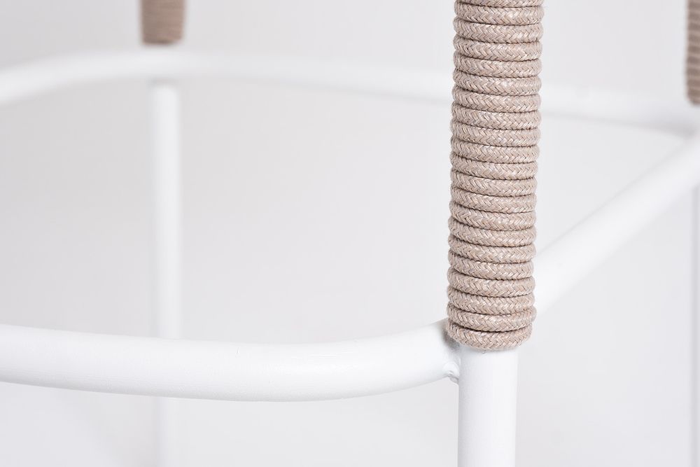 "Марсель" стул барный плетеный из роупа, каркас из стали белый муар, роуп бежевый круглый, ткань бежевая 15052