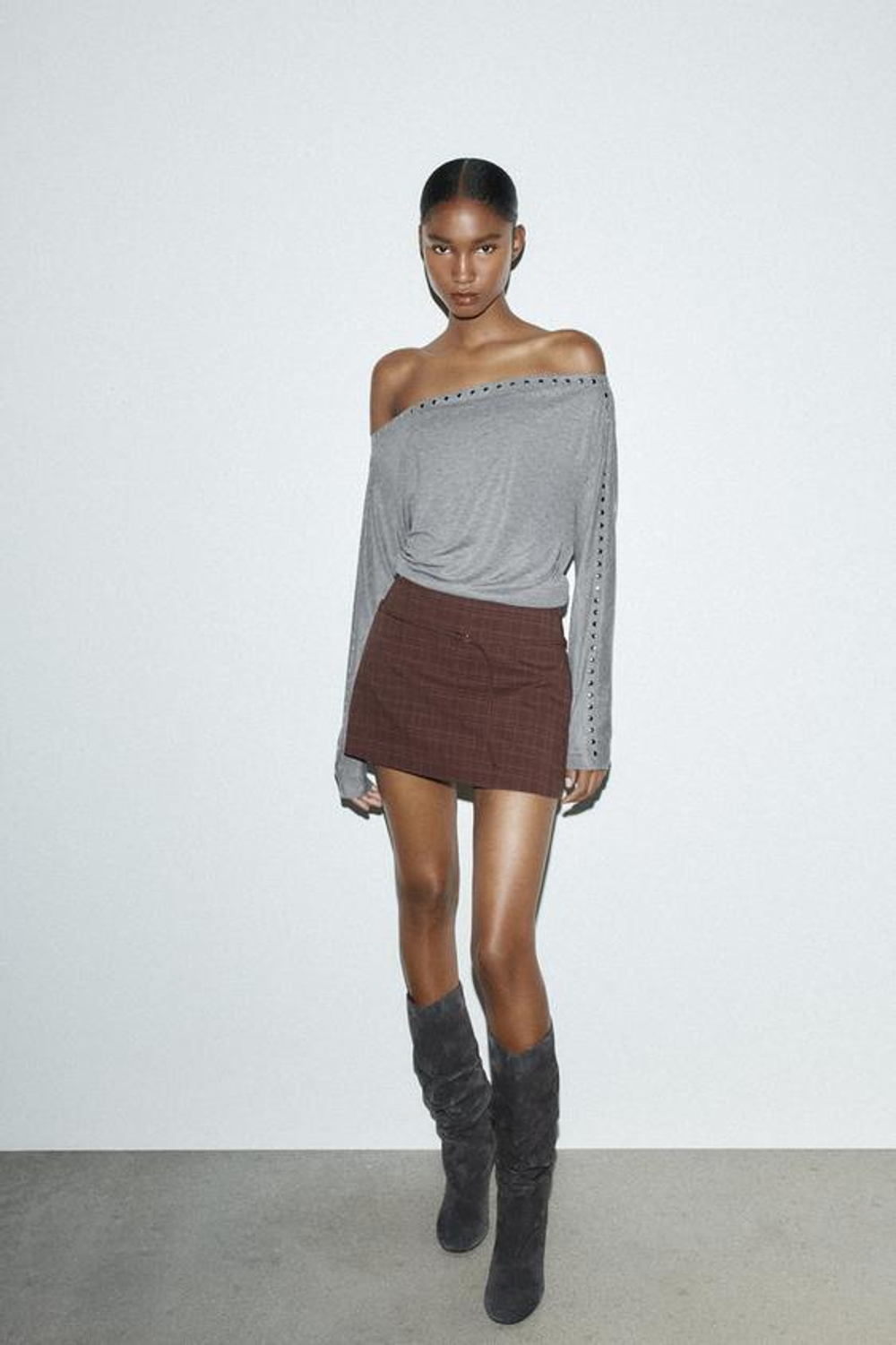 ZARA ЮБКА-ШОРТЫ С РЕМНЕМ, СЕРО-ГРАНАТОВЫЙ