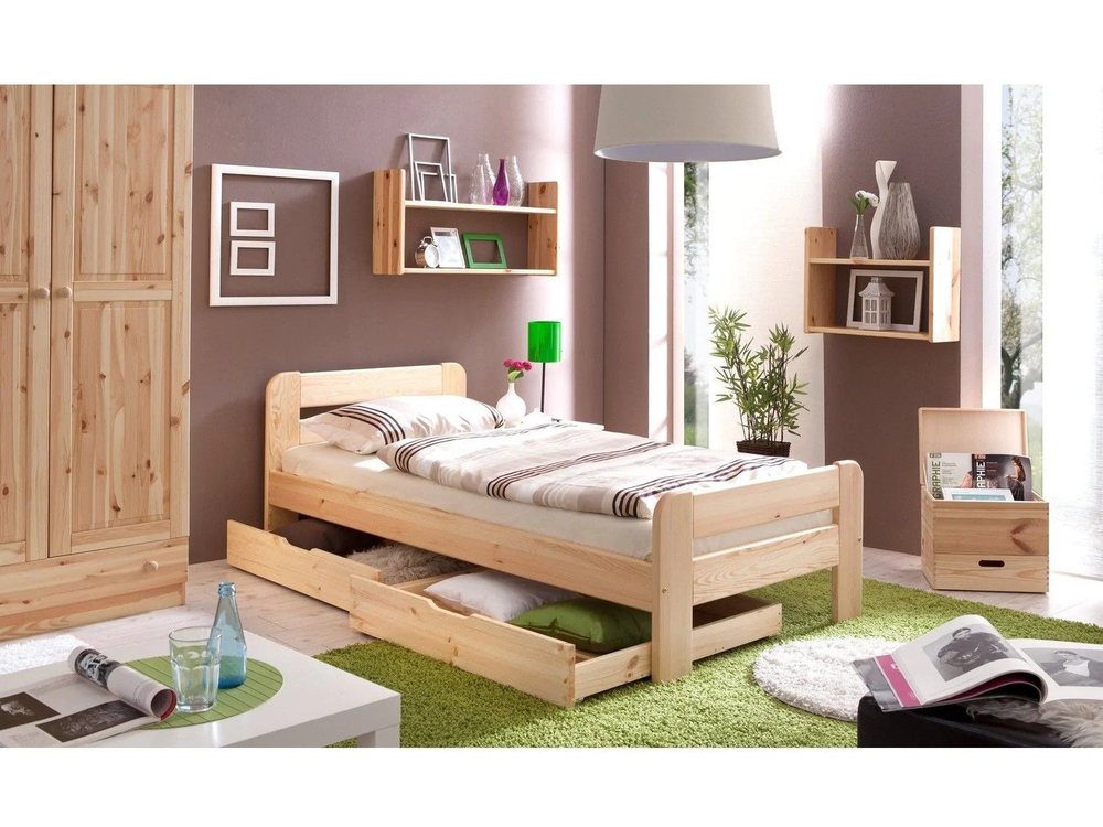 Кровать деревянная 90х200 односпальная Берт с основанием, из сосны, прозрачный лак