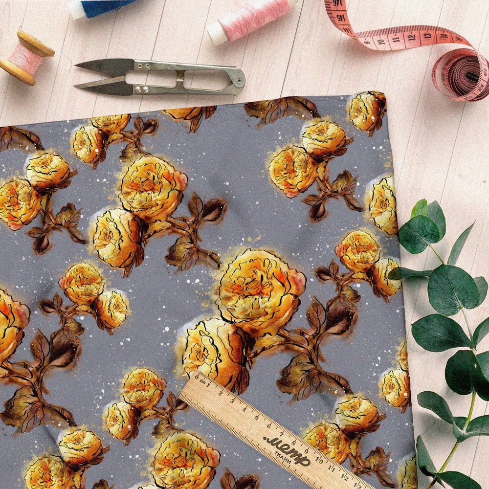 Ткань габардин золотые пионы