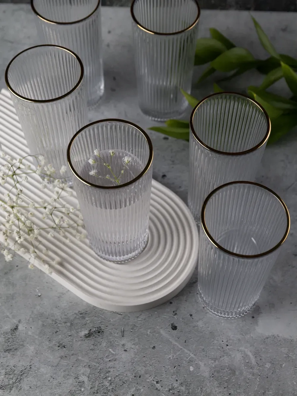 Ребристые бокалы для виски, 330 мл. 6 шт. с золотой каймой