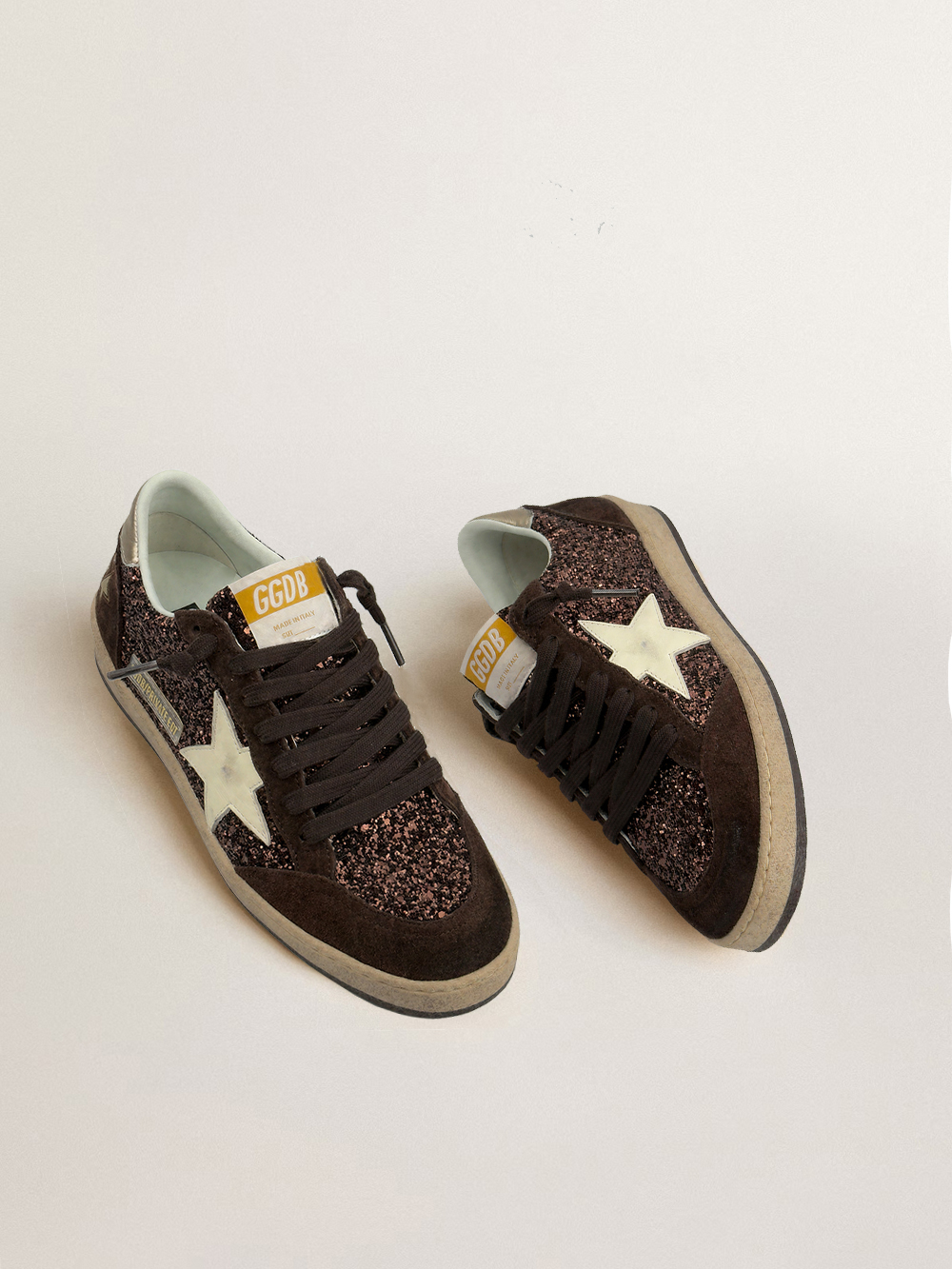 Ball Star in brown suede with silver glitter and golden metallic leather heel tab