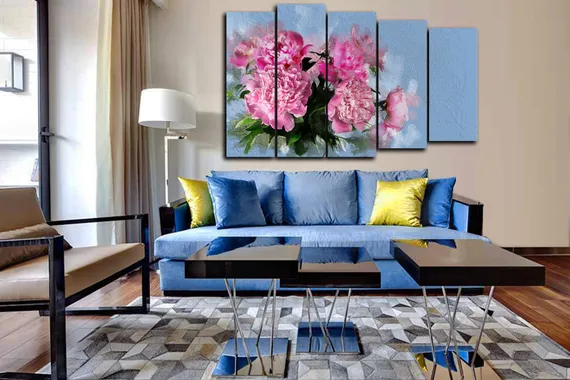 Модульная картина "Пионы на голубом фоне"