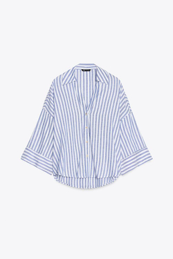 ZARA РУБАШКА ИЗ СМЕСОВОГО ЛЬНА С ШИРОКИМИ РУКАВАМИ, СИНИЙ/БЕЛЫЙ