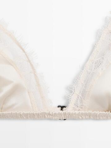 Massimo Dutti Бралетт с треугольными чашками из шелка и кружевом, натуральный/кремовый
